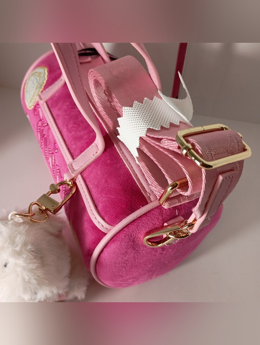 Juicy Couture Exclusive Raspberry/ Pink Velvet Barrel Bag with Fur Charm - Picture 7 of 12